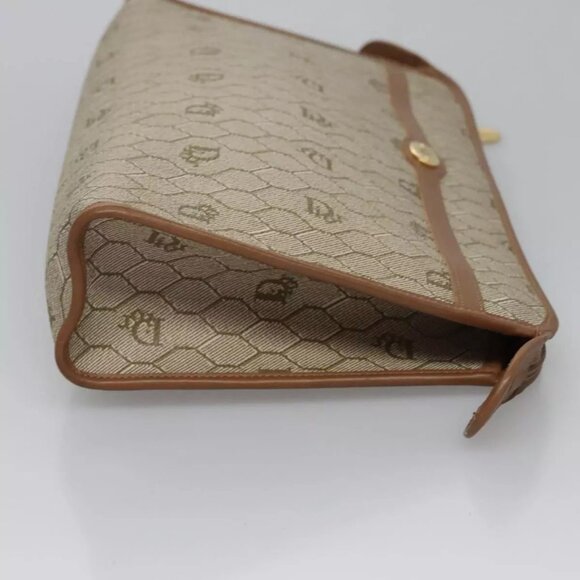Christian Dior Honeycomb Canvas Clutch Bag PVC Leather Beige Gold Auth - Picture 8 of 16